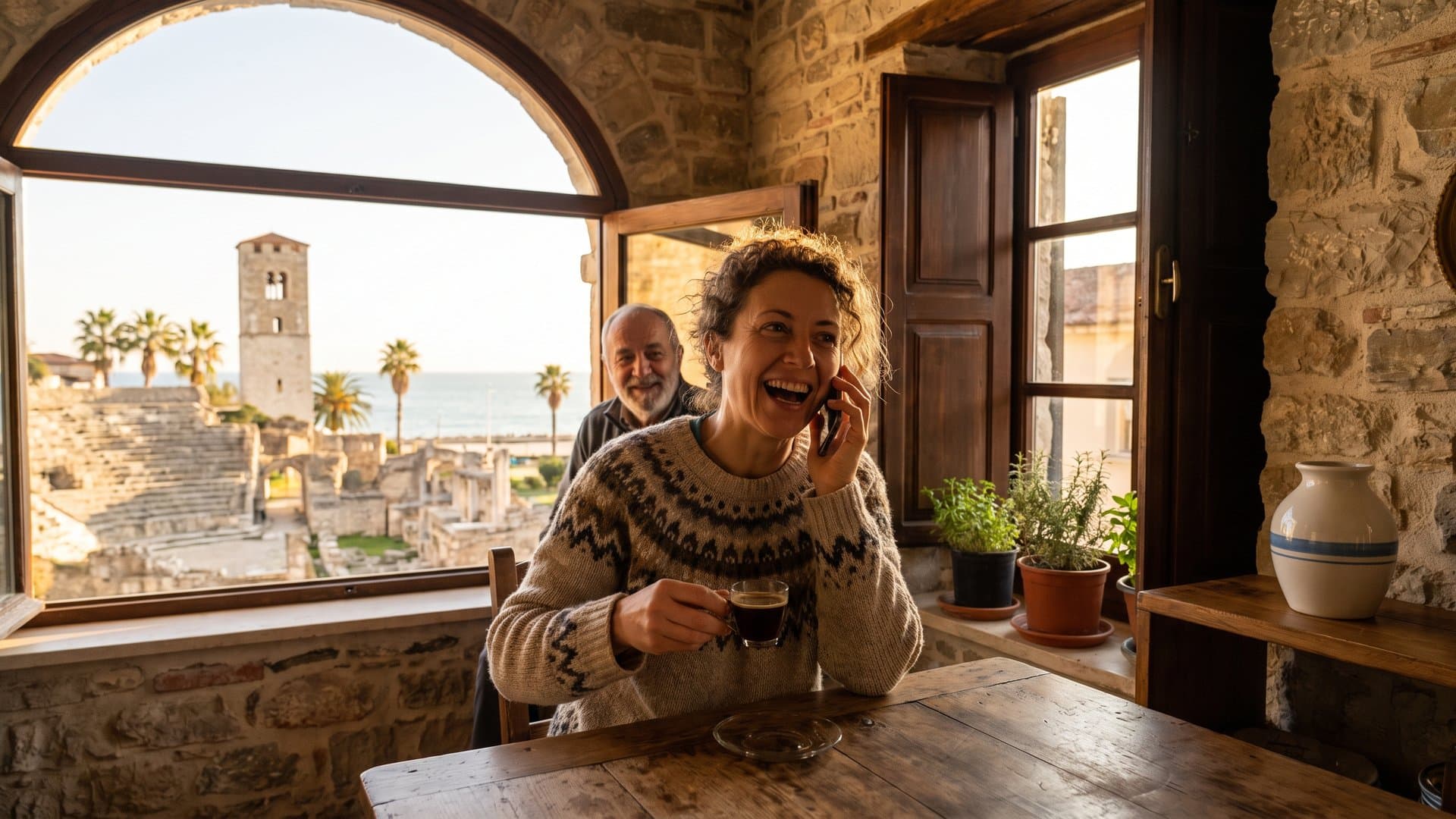 Një grua në kuzhinë flet në telefon dhe dëgjon e habitur