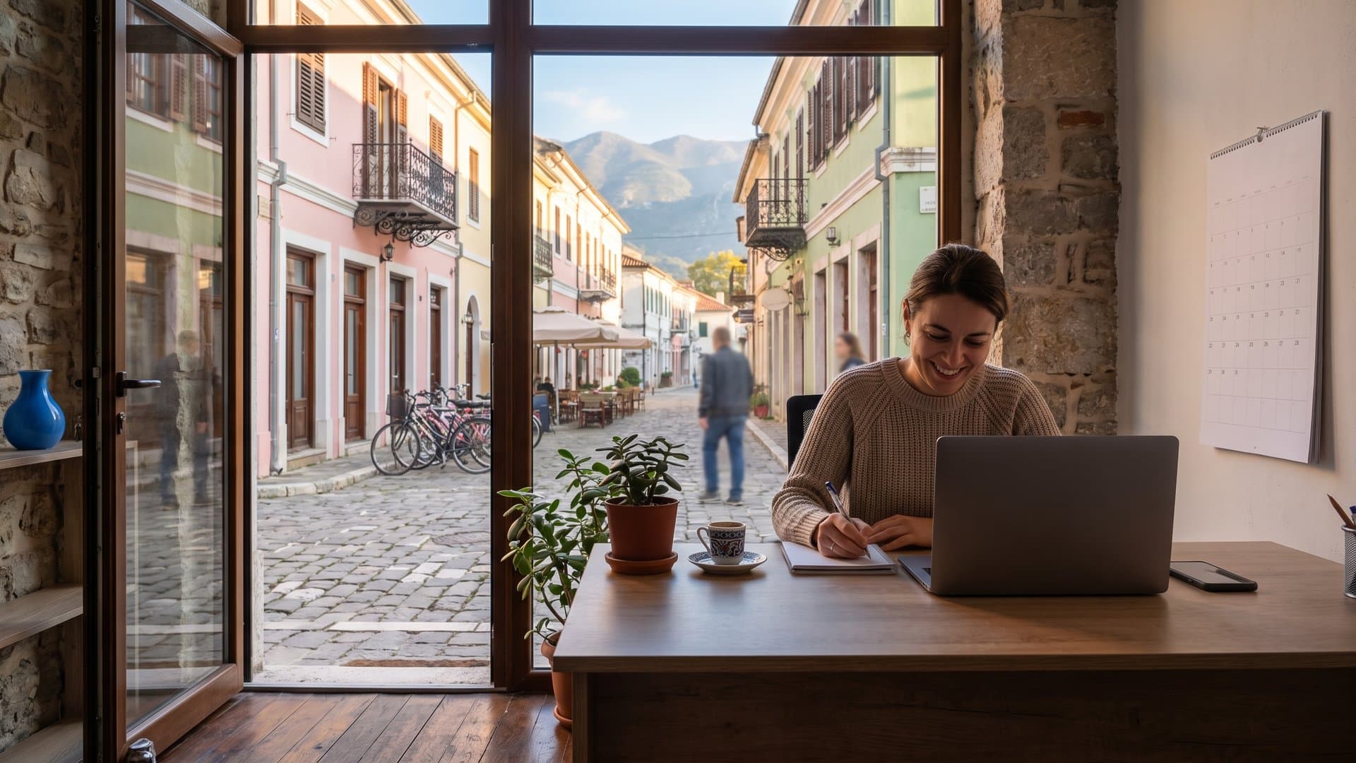 Zyrë e vogël e rregullt me laptop, kalendar muri dhe telefon