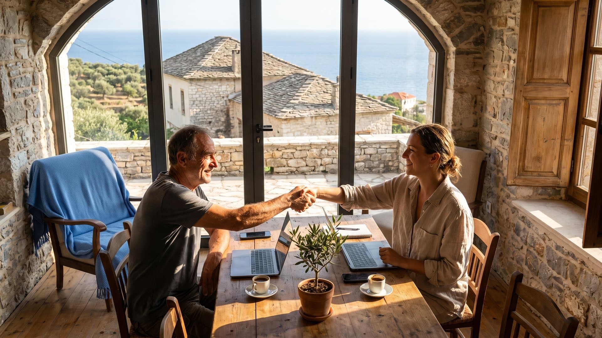 Dy sipërmarrës të vegjël shtrëngojnë duart në një hapësirë coworking