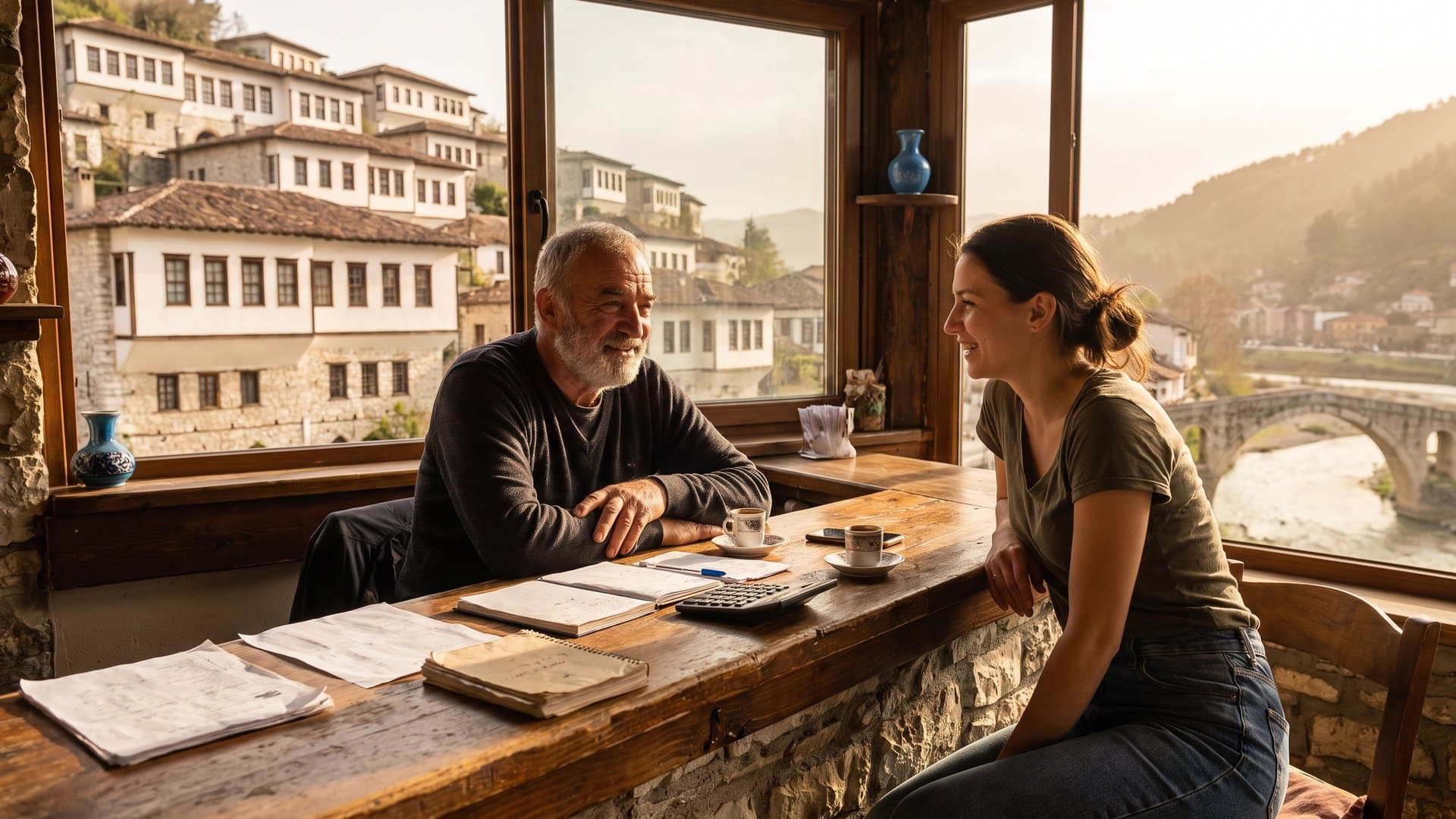 Pronari i një taverne të vogël bën llogaritë pasdite pas banakut