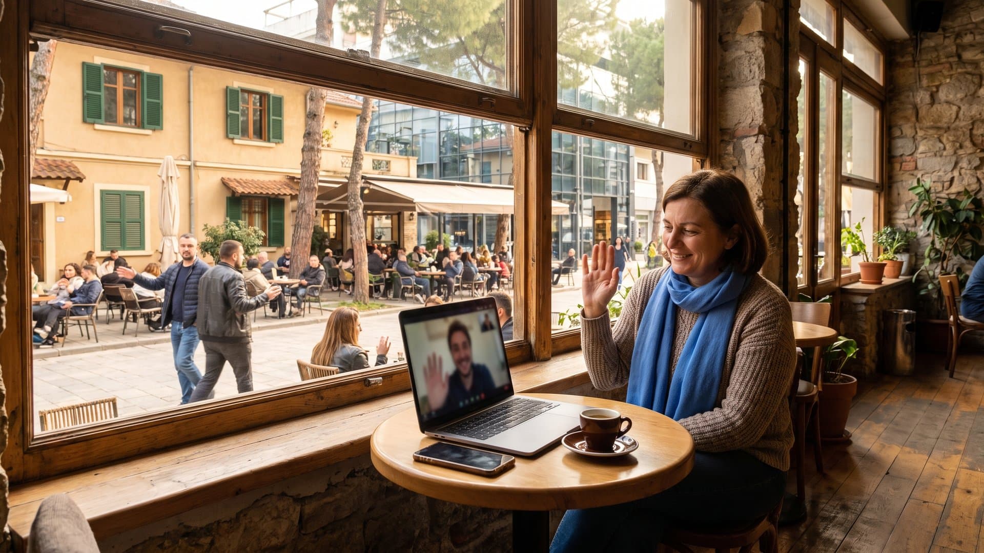 Tavolinë pranë dritares me laptop, telefon dhe një filxhan kafe