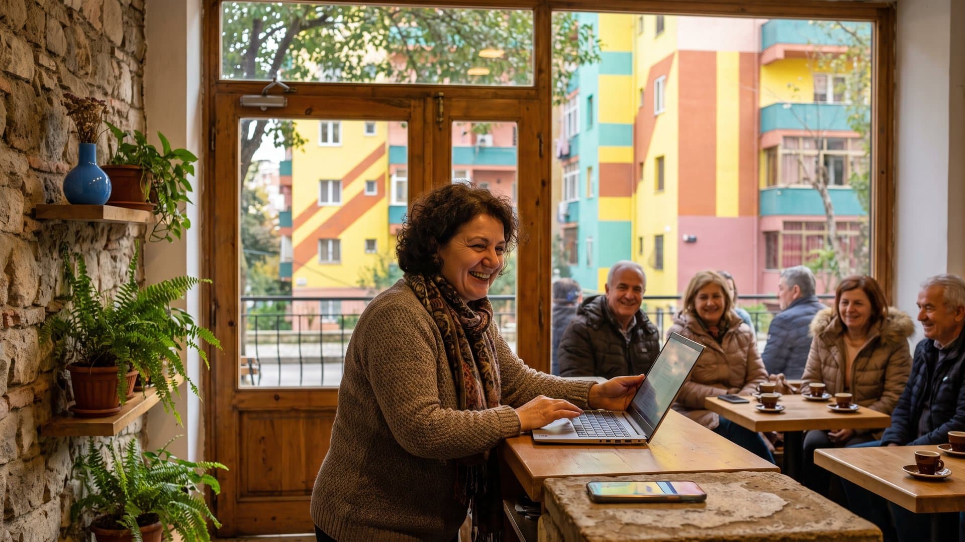Pronarja e një kafeneje konfiguron gjithçka në laptop ndërsa telefoni ndriçon mbi banak